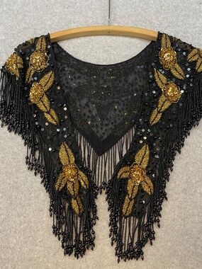 Contessa Black & Gold Bead Sequin Fringe Shawl Silk • Evening Cape Gatsby